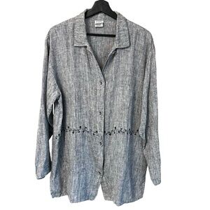 Marc Ware Floral Embroidered Linen Button Front Shirt Grey XL Lagenlook Coastal